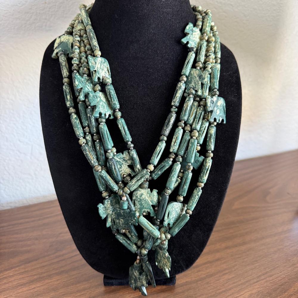 Boho Multi Strand Carved Stone Elephant Statement Necklace Teal Green Beaded